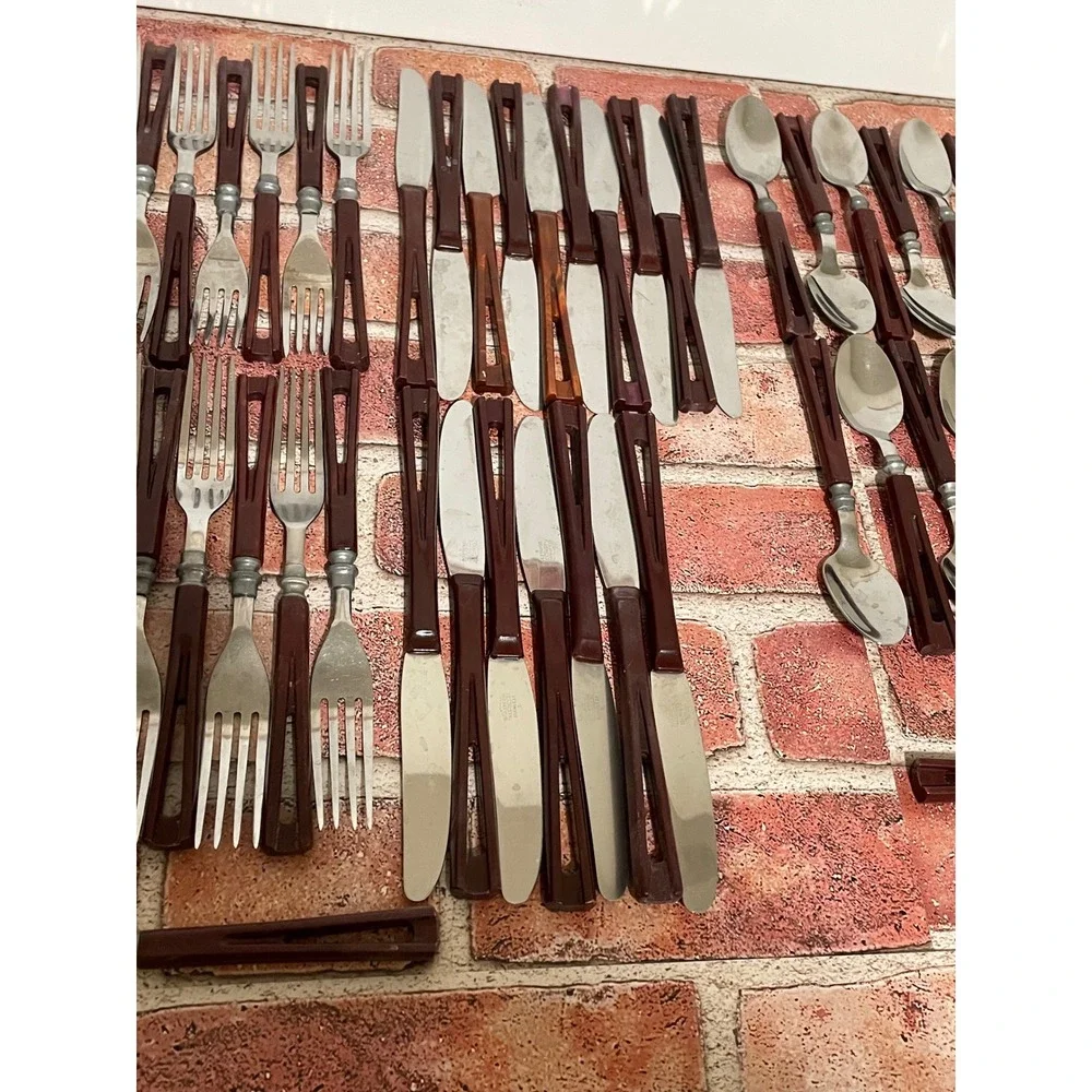 Vintage Stanhome Stainless Flatware Brown Cutout Handle Mid Century 41 Piece Set